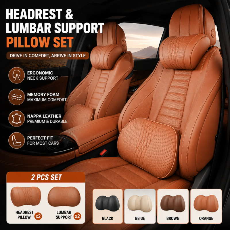 Memory Foam Car Neck Pillow Lumbar Support - หมอนรองคอในรถยนต์ โฟมเมมโมรี่ รองรับหลังส่วนเอว หนังนัปป้า ออกแบบตามหลักสรีรศาสตร์ อุปกรณ์ตกแต่งภายในรถยนต์